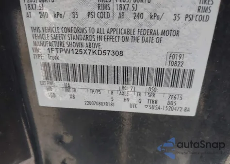 2007 Ford F-150 Lariat/Xlt z USA, uszkodzony, nr VIN 1FTPW125X7KD57308